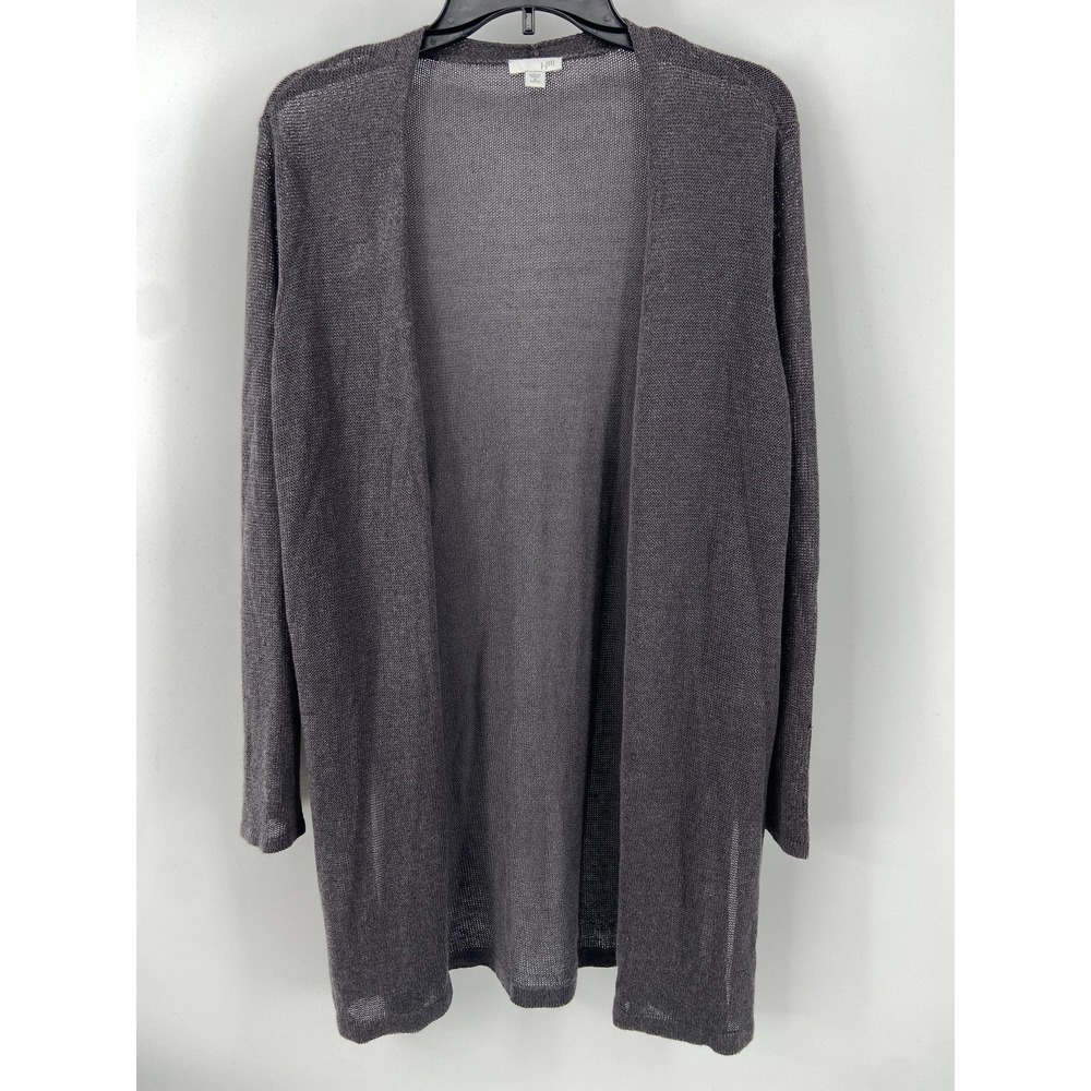 J Jill Sweater Womens M Petite Gray Open Sheer Cardigan Light Duster Linen Knit